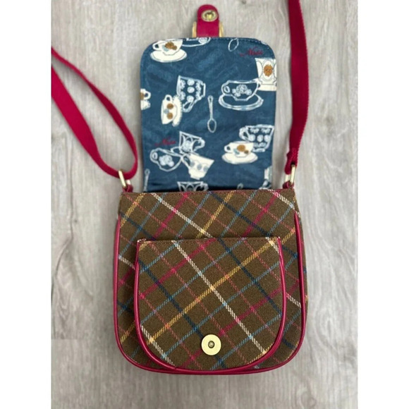 NESS Wool Rich Check Crossbody Bag Satchel Messenger Shoulder Pink Leather Trim - Picture 2 of 9